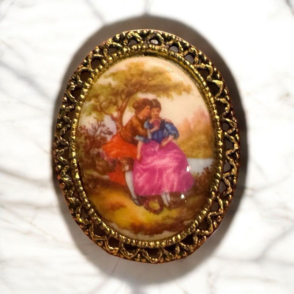 Vintage Porcelain Brooch – 2” Romantic Couple Scene – Oval Gold Filigree Frame